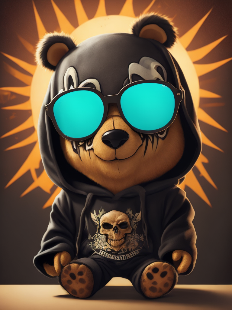 A cute stuffed teddy bear skeleton with tattoos wearing a ripped black hoodie and sun glasses, graffiti art by hanna-barbera, behance contest winner, lyco art, funco pop, behance hd, 2d game art, official art
