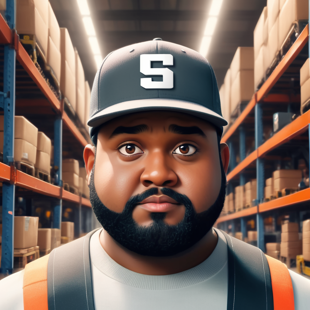 homem negro claro, pouco gordinho, de boné, olhos menores, barba preta, dentro de uma industria com empilhadeiras, estilo disney pixar, 3d