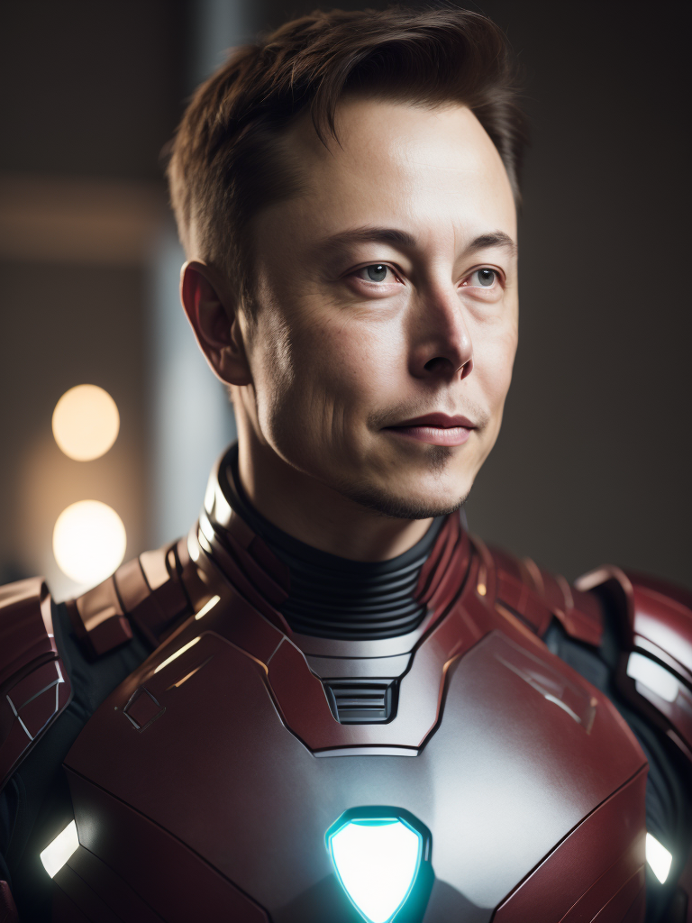 Portrait of Elon Musk in the Iron Man suit from the Marvel Universe, high definition, photography, cinematic, detailed character portrait, detailed and intricate environment,