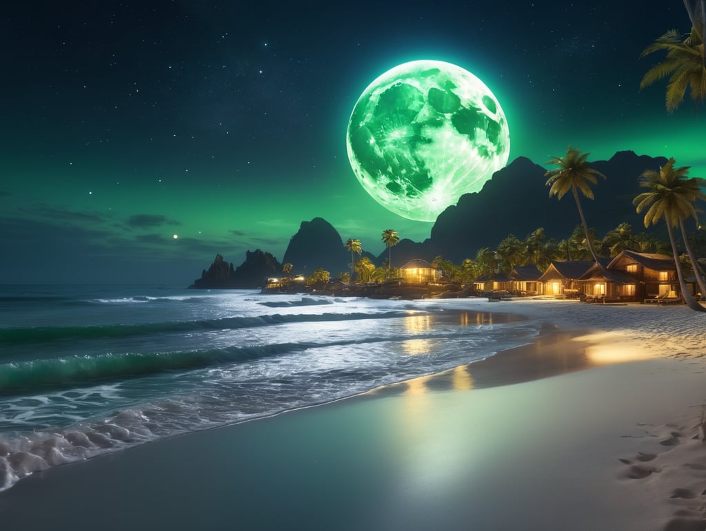 **At night sky, the beach is covered with blue and green fluorescence, the huge moon, elf light, stars, facula, the sea with fluorescence, the shining golden beach, the starry sky with moonlight, Michael james Smith's matte painting, reflection, cg rendering, volume light, space art, bioluminescence, unreal engine 5, magic of light, unreal engine rendering, super wide angle, super wide angle, high definition**