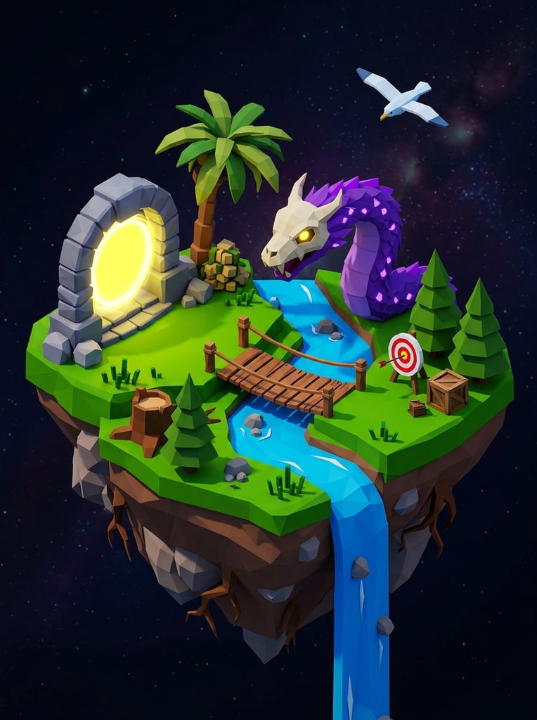 Isometric 3D floating island in a colorful low-poly art style. Vibrant grass is bisected by a blue river and waterfall. A purple serpentine creature with a bone-white skull mask emerges near a palm tree. A stone archway holds a glowing yellow portal. A bridge connects to an archery target, wooden crate, and blocky trees. A white seagull flies against a dark background.