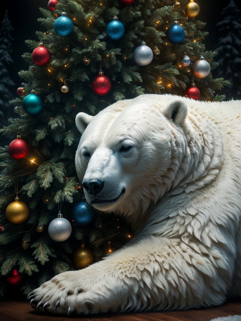 Polar bear, sleeping next to a Christmas tree