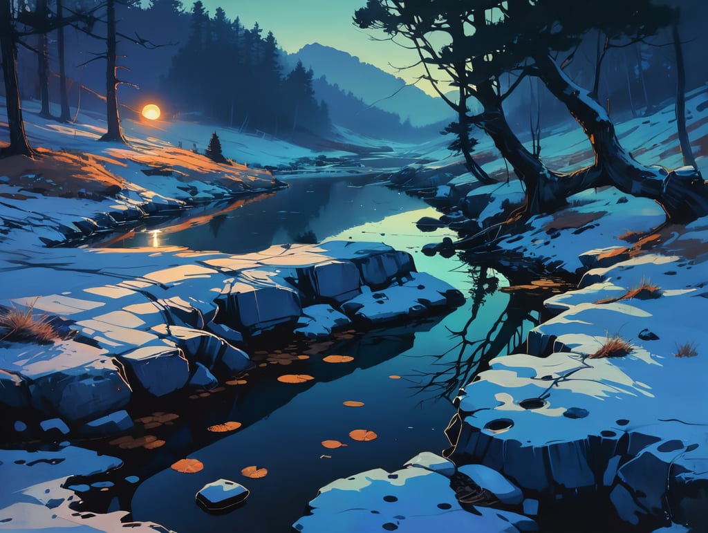 A relaxing landscape of the moon above a small pond in a valley, uses only the colors from this reference image, illustrated