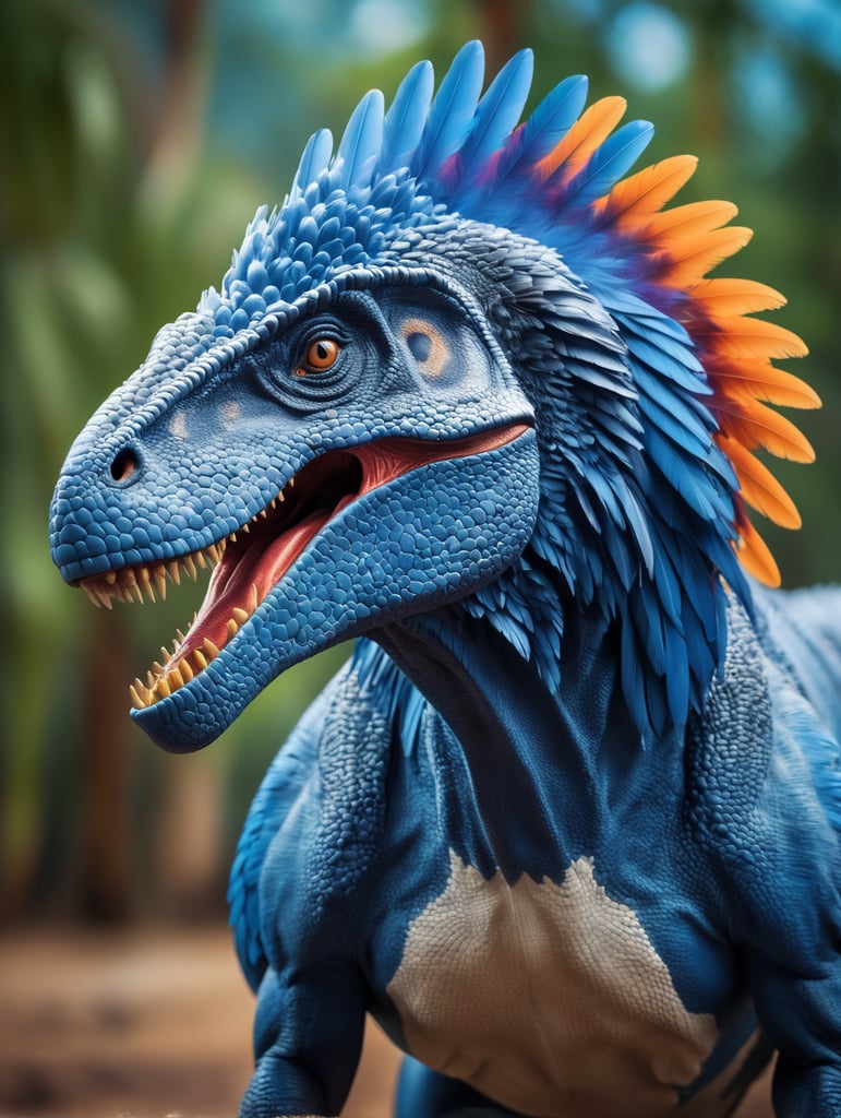 Blue feathered Tyrannosaurus rex, Vibrant colors, Depth of field, Incredibly high detail, Blurred background