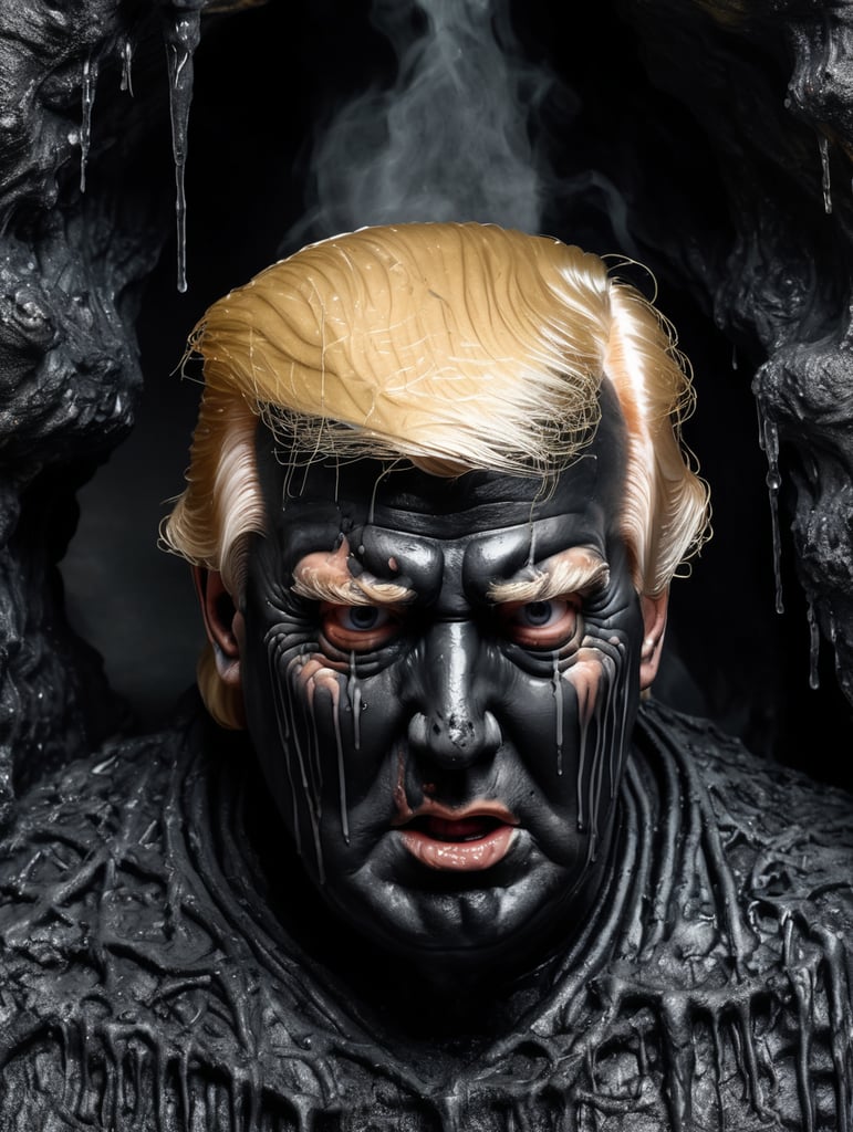 a photo of the scary Donald Trump, personification of grief covered with candles and hot wax, covering the face with its hands, black tears dripping from the cheeks, the whole statue is covered in dense cobwebs and grease, highly detailed, black isolated cave, tarnished, grunge, glowing cracks
