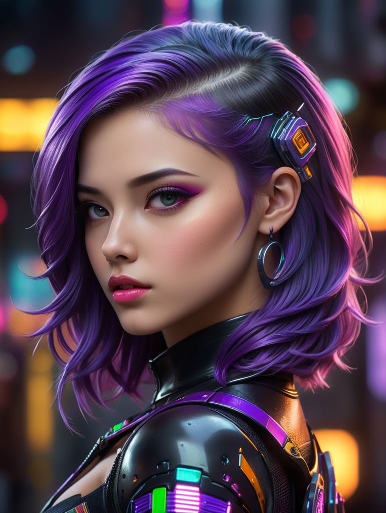 a girl with neon purple hair, side view, retro futurism, bold line, 90s anime,