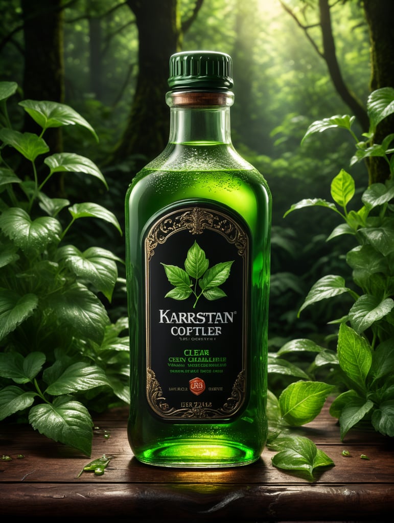 Here is another prompt: A photorealistic image of a product bottle design with a wooden table underneath and a green foliage background. The bottle is clear with a green liquid inside. The label is white with a green logo. The label has the product name and ingredients on it. The table is made of dark wood. The foliage is lush and green. The image is well-lit and has a high level