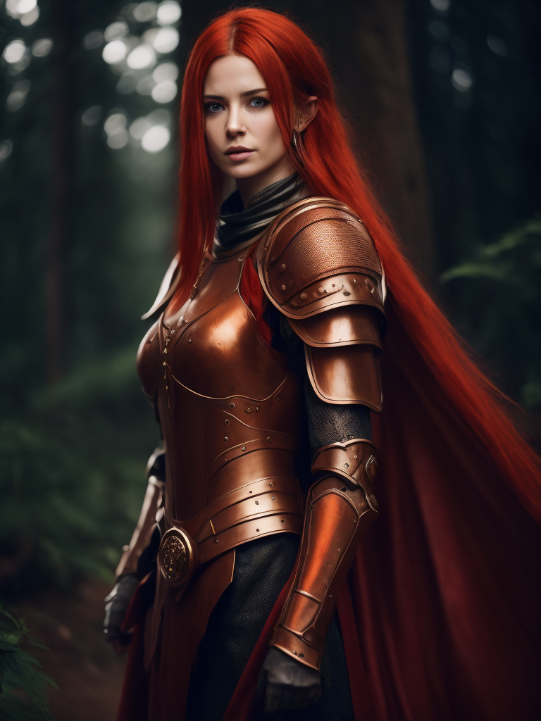 A young beautiful girl in red armor and red hair against the backdrop of a forest in red-burgundy tones, blurred background, focus on the girl, detailed armor, Dramatic Lighting, Depth of field, Incredibly high detailed