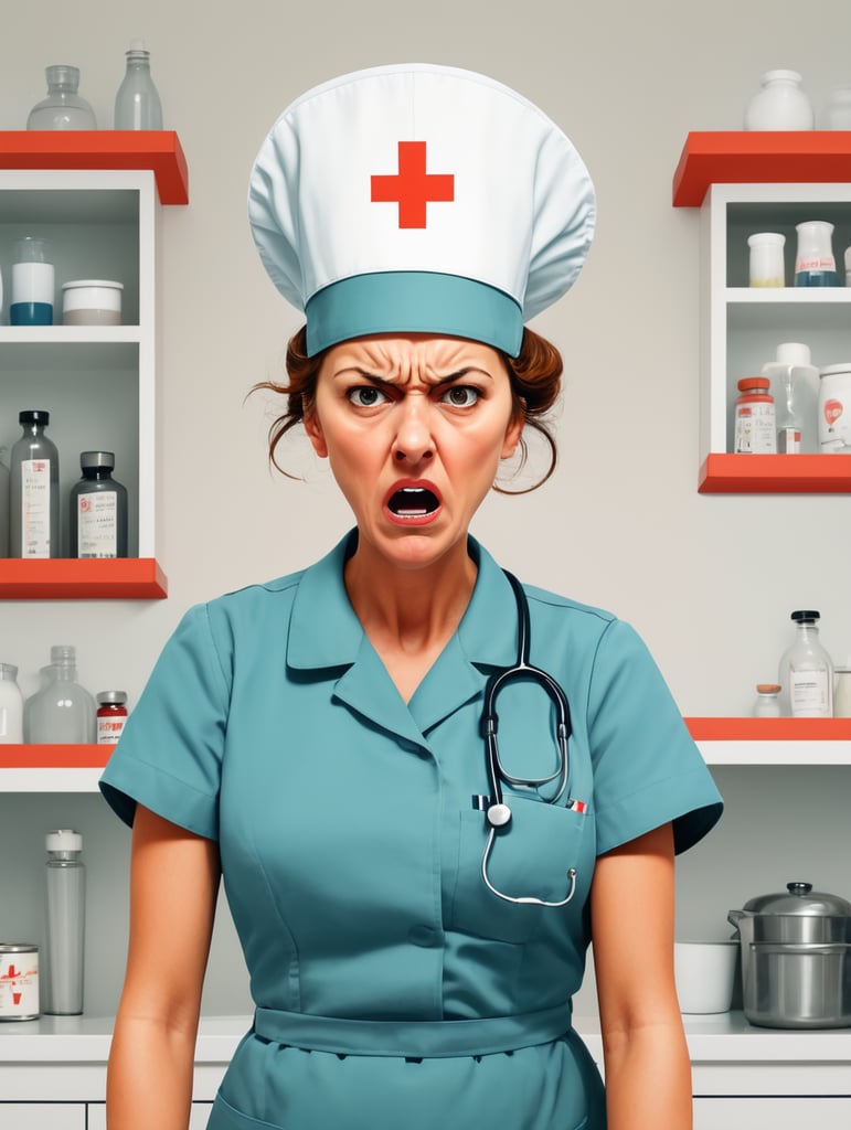 an angry nurse, Illustration, Flat Style, France, style of Jean Jullien