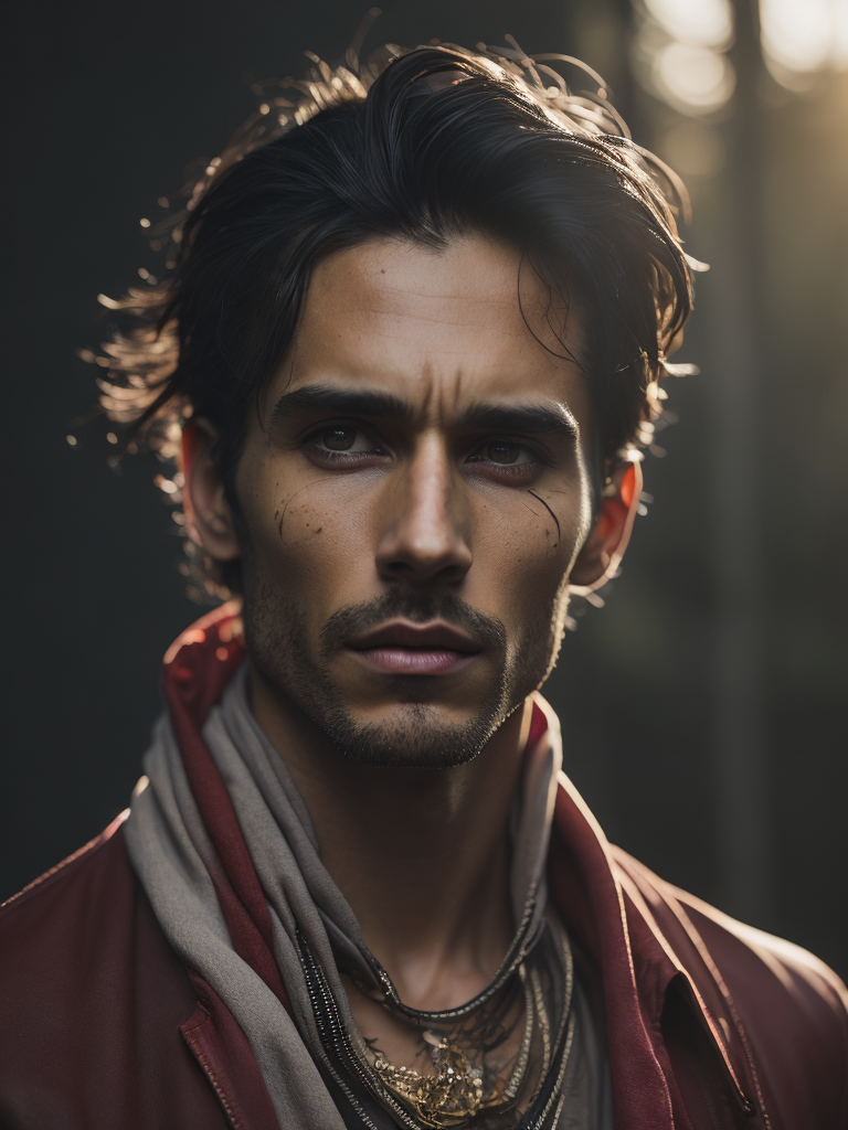 Portrait of a handsome indigenous male gang member, tattoo of a red bear on his chest, bright and saturated colors, elegant, highly detailed, vogue, fashion magazine, sharp focus, bright expressive makeup, dramatic lighting, depth of field, incredibly high detailed, blurred background