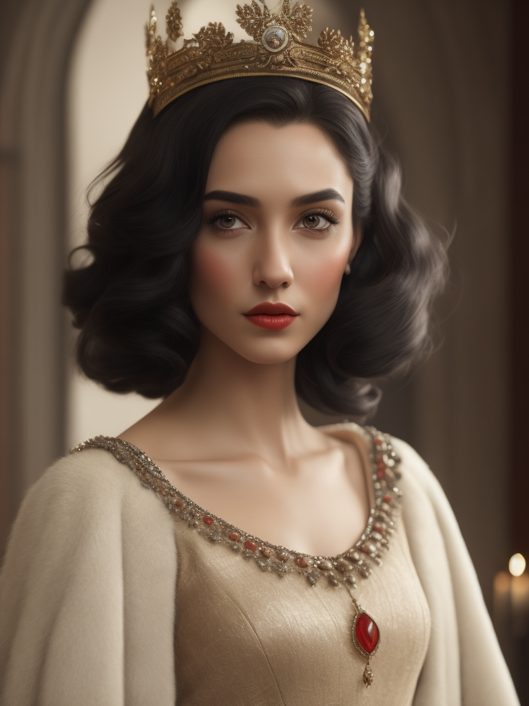 Beautiful young teenage woman, princess, very pale, curly black hair and dark eyes, Snow White, 1930s style, disney cartoon come to life, red gown, innocent sweet face