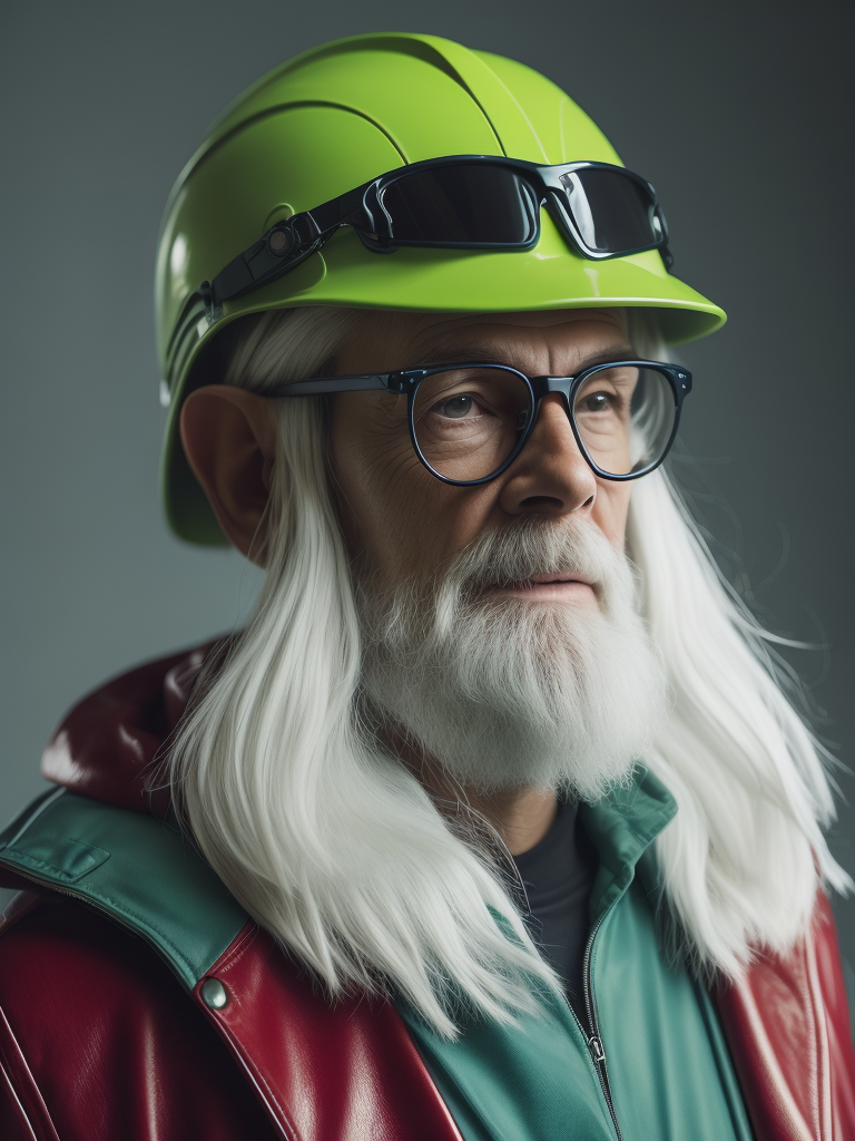 a gnome from fairytale 76 years old wearing a neon green helmet dressed in athletic clothing and glasses, in the style of futuristic glam, retro futurism, neon green clothing, glasses without color, clear glass, long white hair, teal background, mike campau, anton fadeev, high gloss, mono-ha