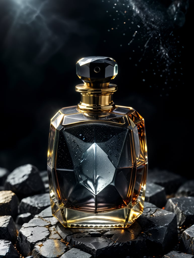 professional photography of a luxury perfume, square chrome bottle, faceted black stone in the form of a cap, surrounded by particles and dust, no label, clear, mockup