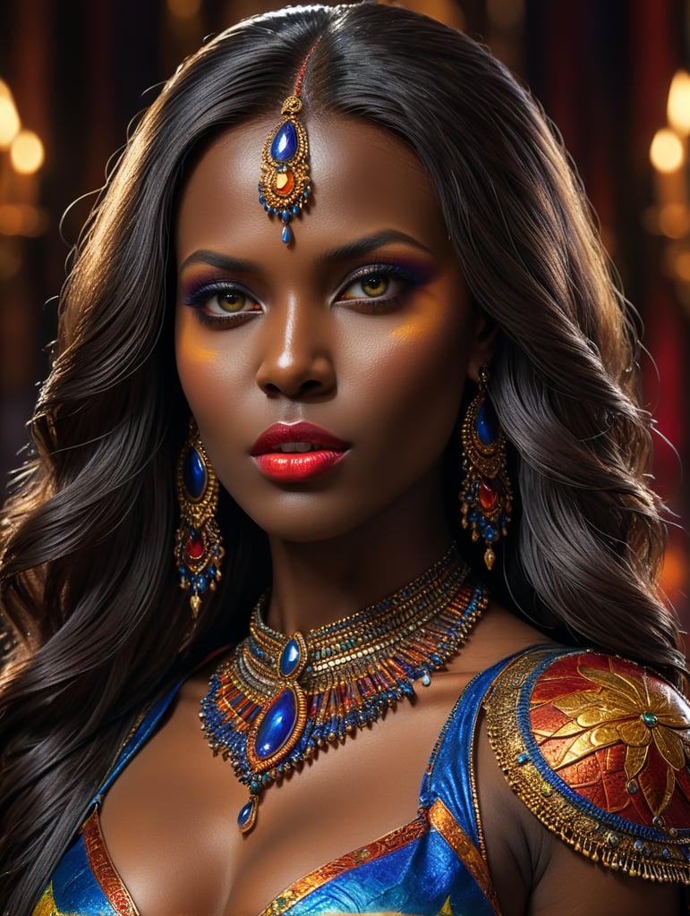 sira kante de corpo inteiro com cabelos lisos e compridos cores vivas e saturadas, elegante, altamente detalhado, foco nítido, maquiagem brilhante e expressiva, iluminação dramática, profundidade de campo, incrivelmente detalhado