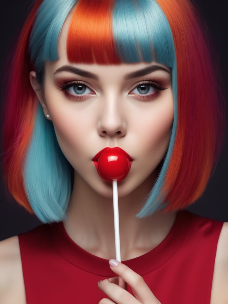Photography of girl with a lollipop in her lips, face closeup, beauty girl in the style of Mary Quant, Vivid saturated colors, Contrast color, studio photo, professional photo, Rich colors, Detailed image, detailed face