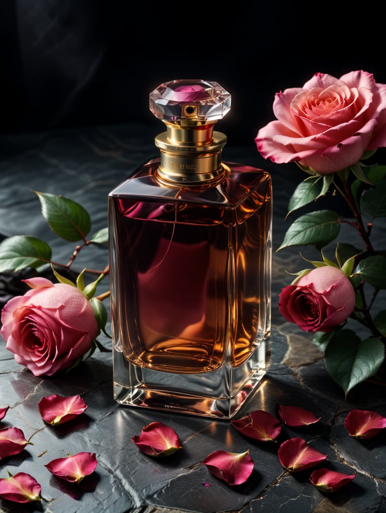 professional photography of a luxury perfume, square bottle, surrounding a rose petals, rose satin scarf on a background, no label, clear, mockup