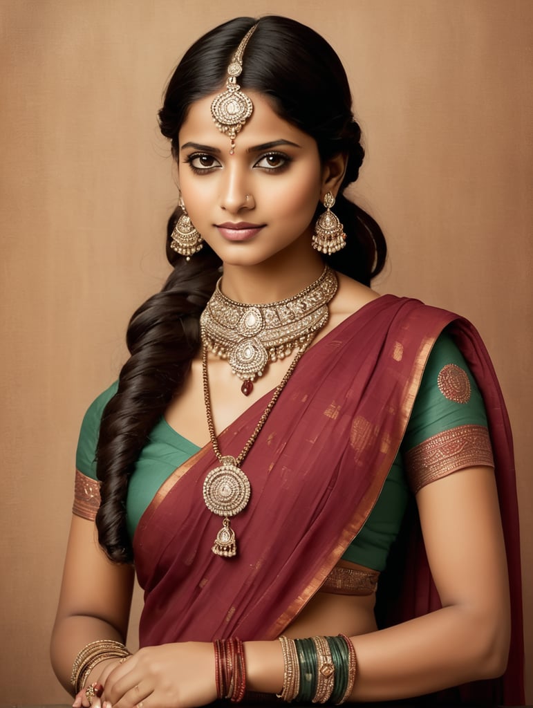 Indian girl dressed in sari and ethnic Indian jewelry, style by Jamini Roy