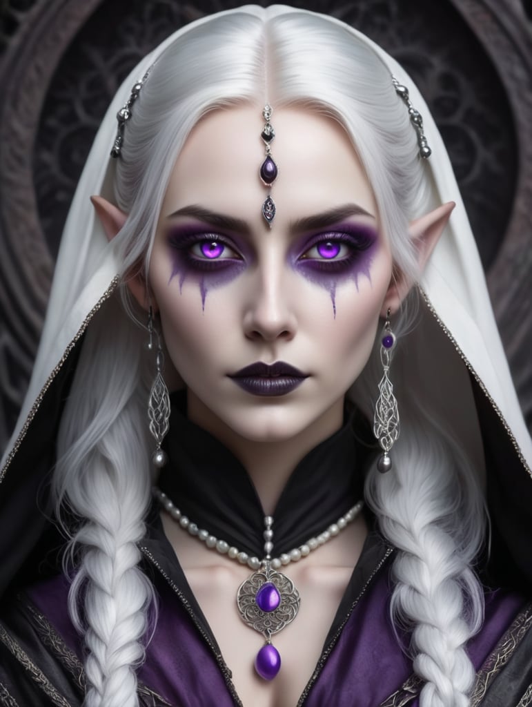 stunning elven drow woman with purple skin , long white hair pulled up into a half bun , solid white eyes with no pupil , wearing a black hooded cloak and rosary prayer beads made of iridescent beads , stunning detail , dark gothic color palate
