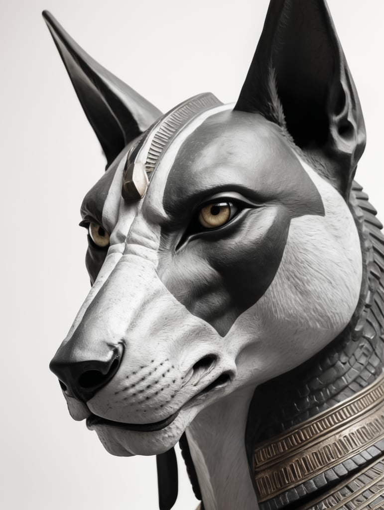 Anubis statue. Side view. Long nose. Upper body and head. Torso. Head. Egyptian warrior. mysterious. Majestic. Solemn. White background. Strong eyes. Grey skin. Black and grey and white image