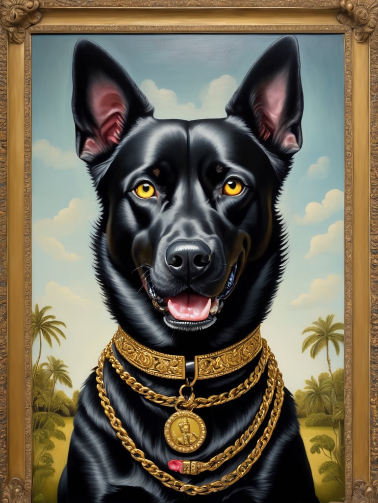 a angry black dog with a gold chain on neck, style of Catherine Nolin, Painting, Acrylic, Oil, Portrait, Interior, USA