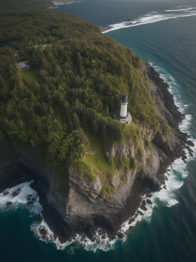 Drone photography, aerial view, Lighthouse island, Hyperdetailed, Beautiful landscape, Rocky cliffs, grass, Surreal, ocean, Coastal, Natural lighting, shadows, Chiaroscuro, waterfall, Hdr, 8k, wallpaper, Ivan Shishkin, Dustin Lefevre, intricate detail, Photorealistic