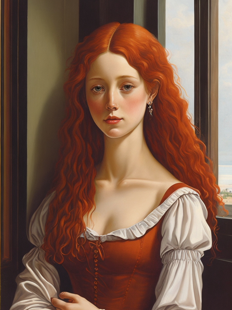 Portrait of a red-haired young girl, with beautiful half-open tits, in front of a window, vintage dress, 15th century, painting, oil, Italy, style of Sandro Botticelli, illustration,