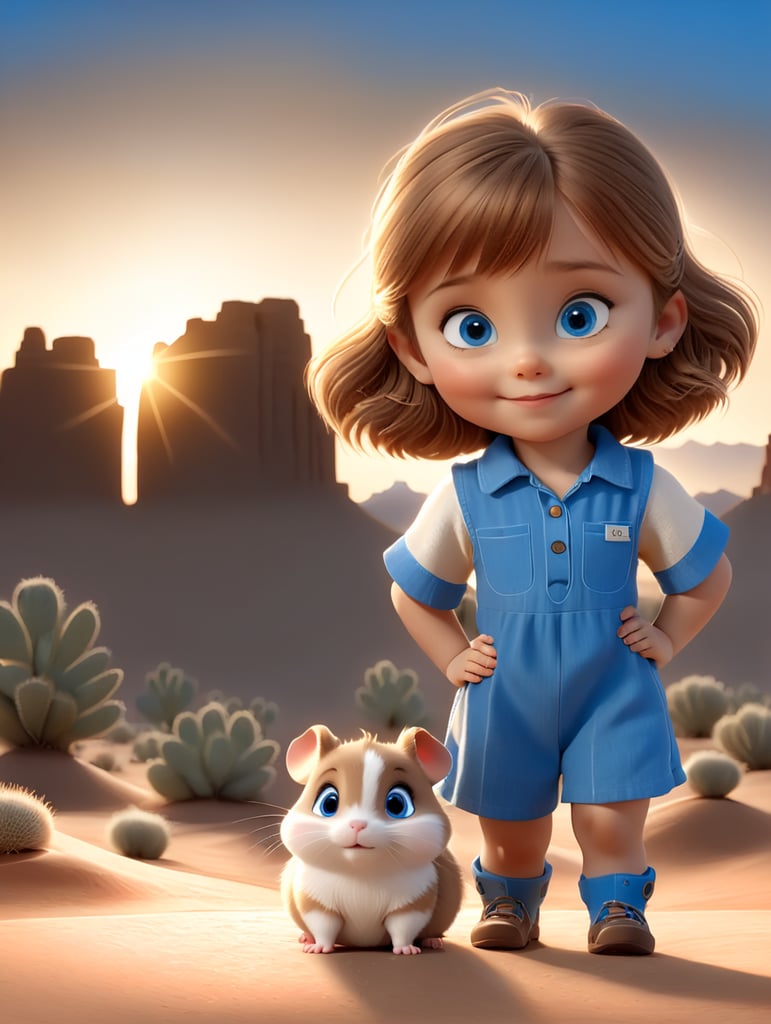 short light brown haired little girl with blue eyes, hugs her tiny brown and white hamster in the Arizona desert with the sun setting in the background