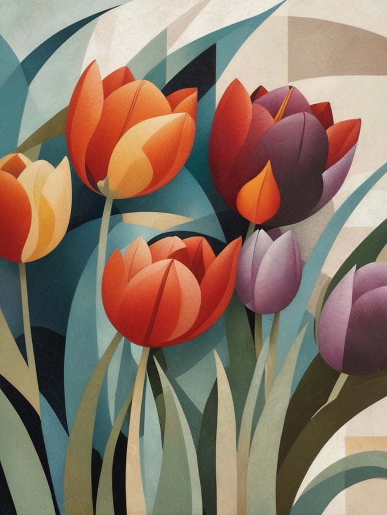 cubism, tulips, abstract composition with compositional center, Little and big details, abstract stylisation, 5 colours