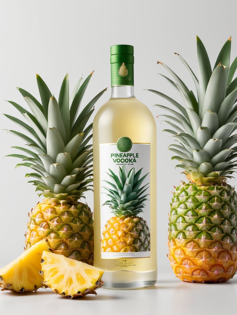 Packaging and branding for a pineapple vodka brand as if it had been designed by HI ESTUDIO with In a set design with pineapple, pineapple leaves, mockup