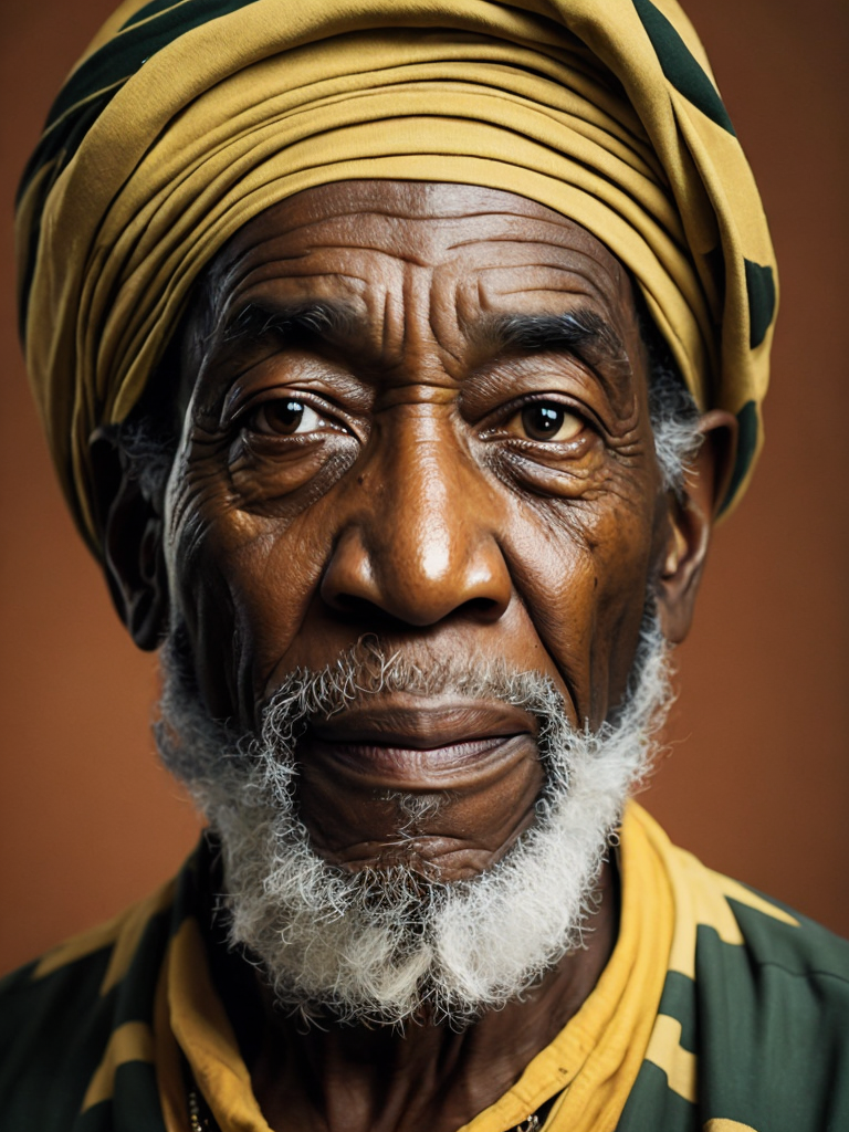 Jamaica's Old Man, portrait, realistic image, lots of details, wearing turban