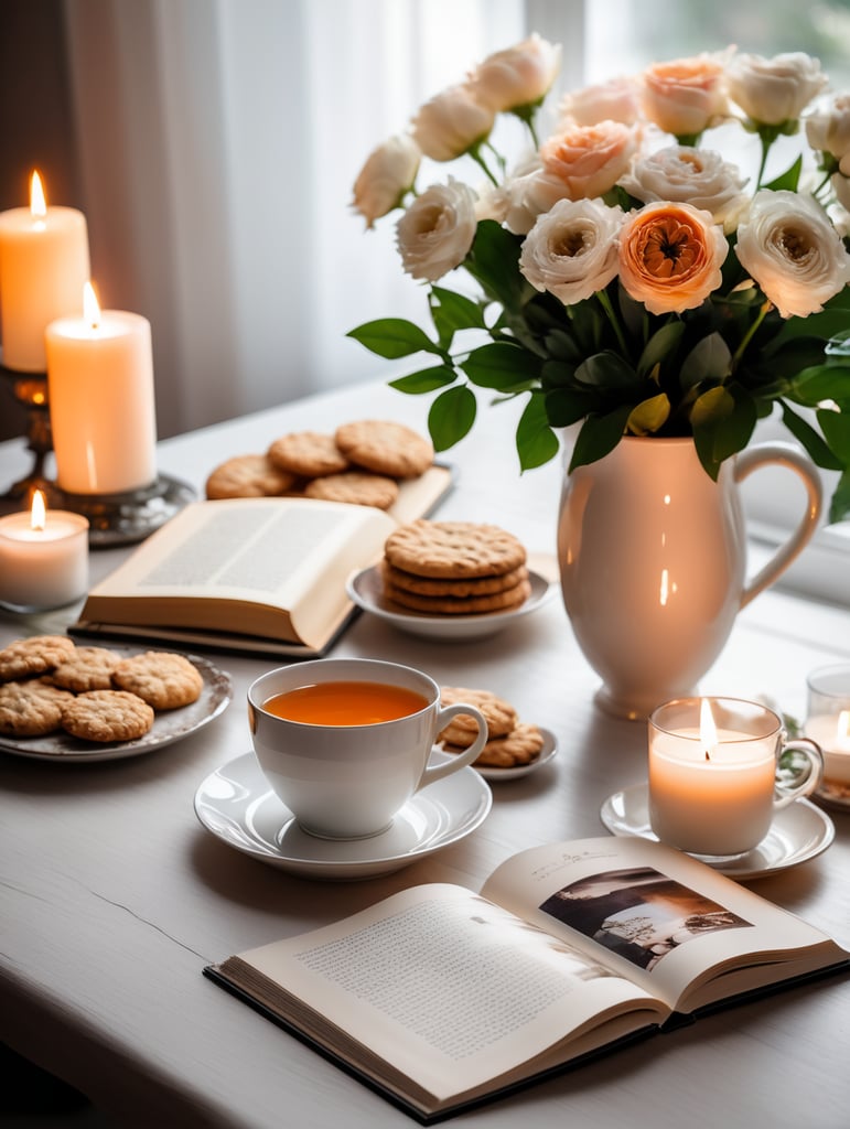 a book with a white cover on a table decorated with flowers, candles and a cup of tea and cookies