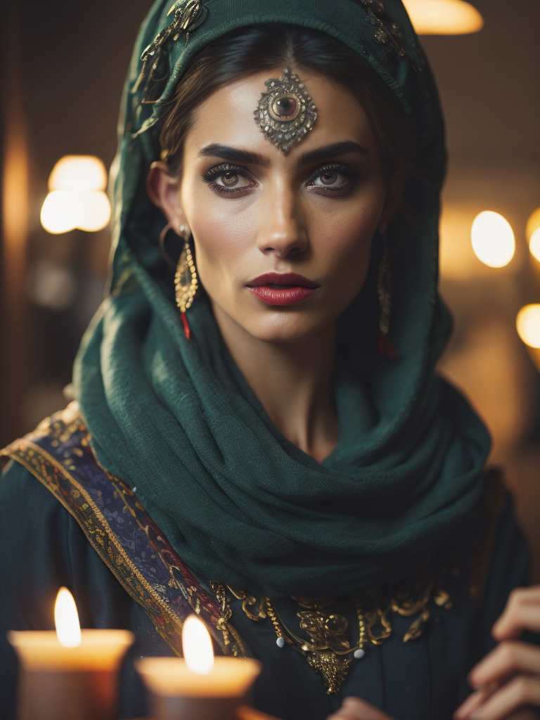 Portrait of a traditional gypsy woman wearing traditional costume with a green scarf on her head, in front of a table with a deck of cards and candles. Bright, saturated colors, elegant, highly detailed, fashion, fashion magazine, sharp focus, bright expressive makeup, dramatic lighting, shallow depth of field, incredibly high detailed blurred background, professional digital painting, concept art