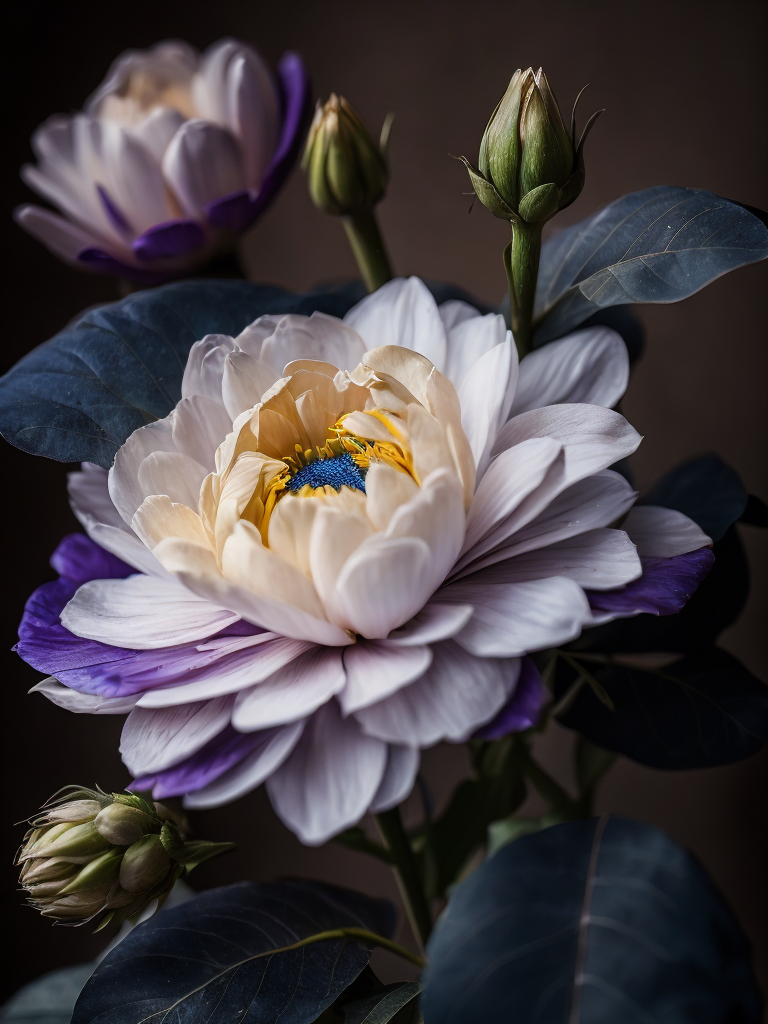 Flower, dark, deep colors, dark, atmosphere, dark blue, add sharpness on details, add vibrance 20, add saturation 20