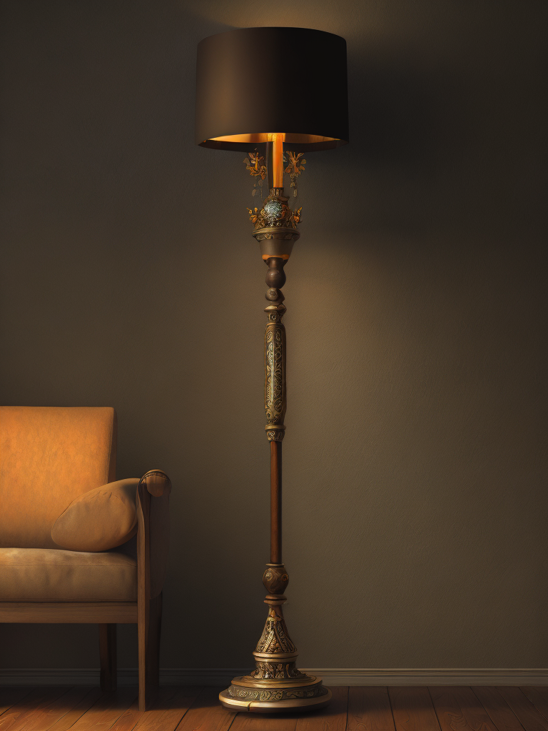 wooden floor lamp, carved black wood, decorated with gems