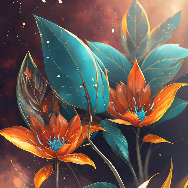 abstract ethereal flowers with blue and pink glass petals and metal leaves, 8k, uhd, intricate, highly detailed, sharp focus