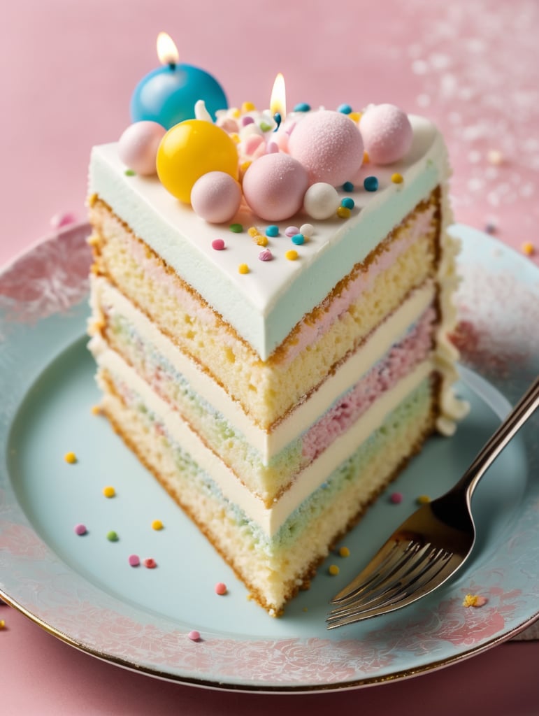 A slice of a delicious, frosted birthday cake with a decorative design