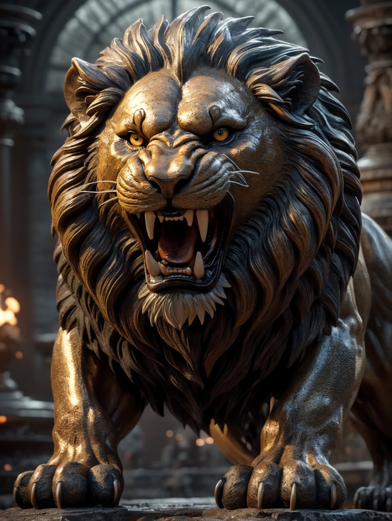 Create a polycarbonate sculpture angry lion ,and looking in front of the camera and roaring