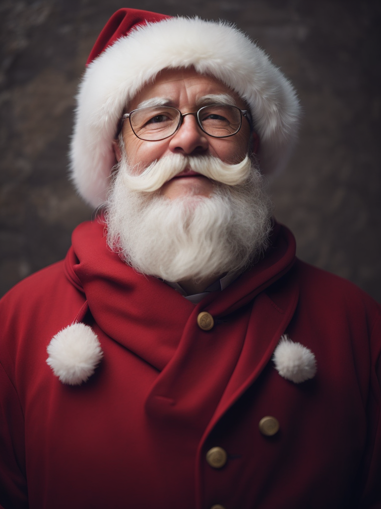 Um Pai Natal encantador de barba branca, gorro e óculos a sorrir e a olhar directamente para a camera. A foto é realista com um estilo vintage e uma luz mágica.