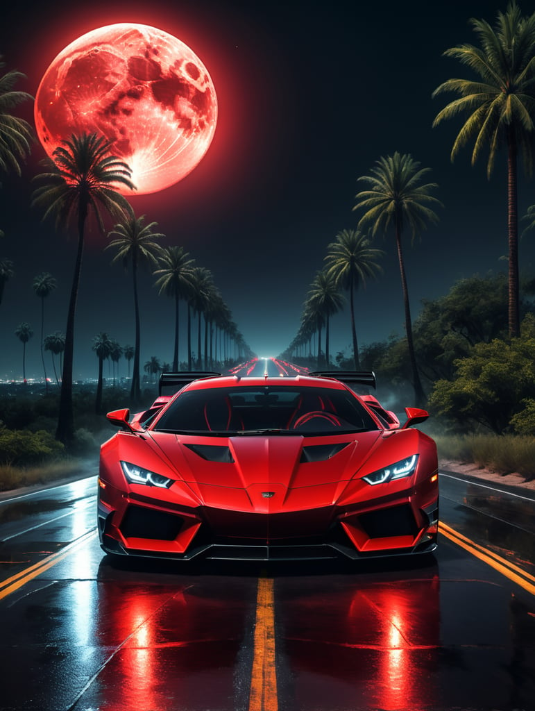 Modern red supercar, night, long road, palmtrees, shining moon, 64k