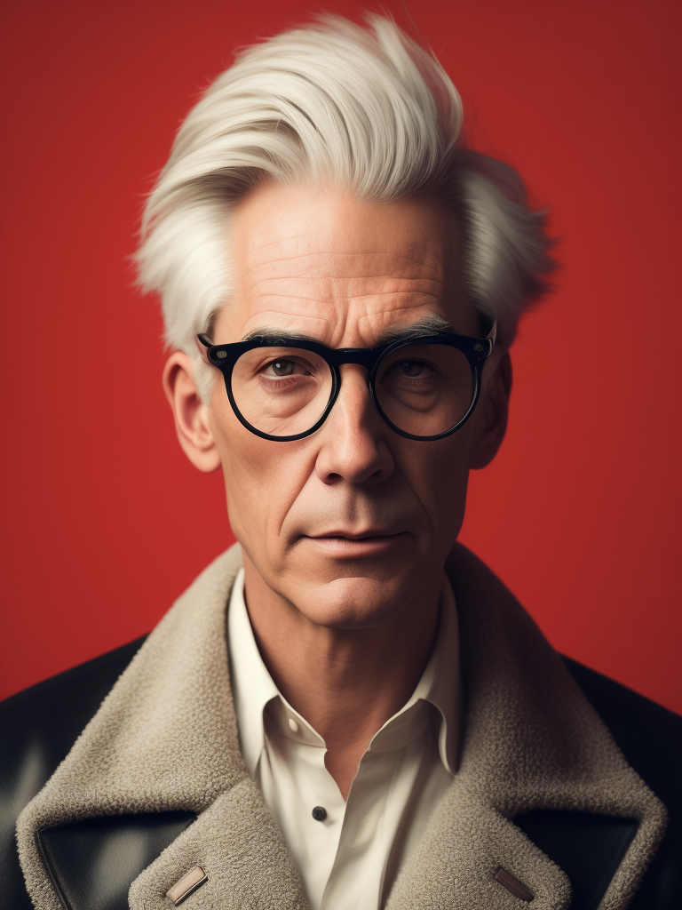 Portrait of an American man in a light suit with white hair wearing glasses with black thick rims, portrait in the style of advertising 50s, red background, sharp focus, highly detailed, vintage advertising, retro style