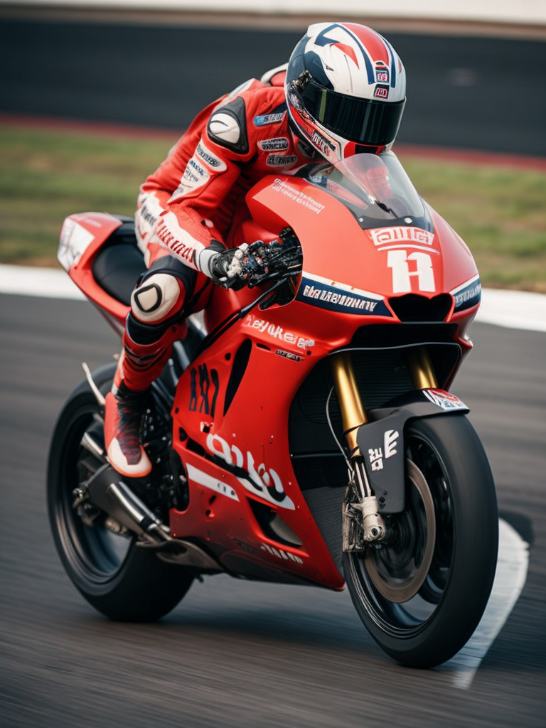 motogp racer on a bike, red colors, on the background of the race track
