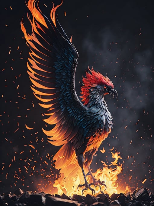 Illustrate a majestic and regal phoenix rising from the ashes with vibrant feathers and intense fiery hues.