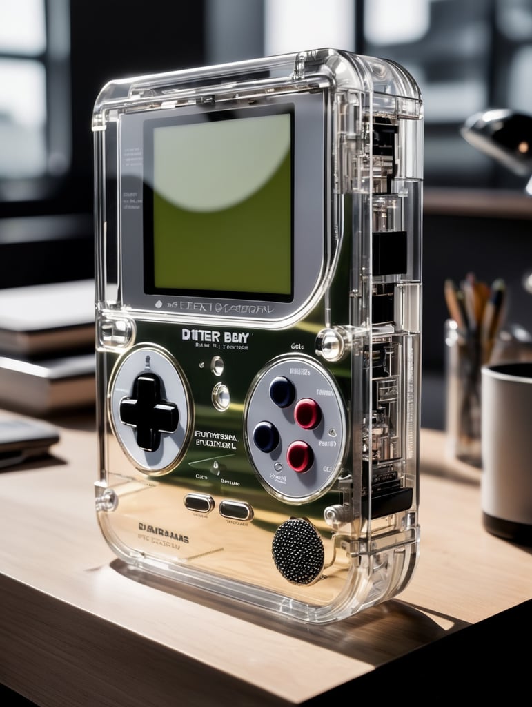 A see through polycarbonate game boy designed by dieter rams. industrial design inspiration. unreal engine render, natural lighting, on desk, beautiful shot