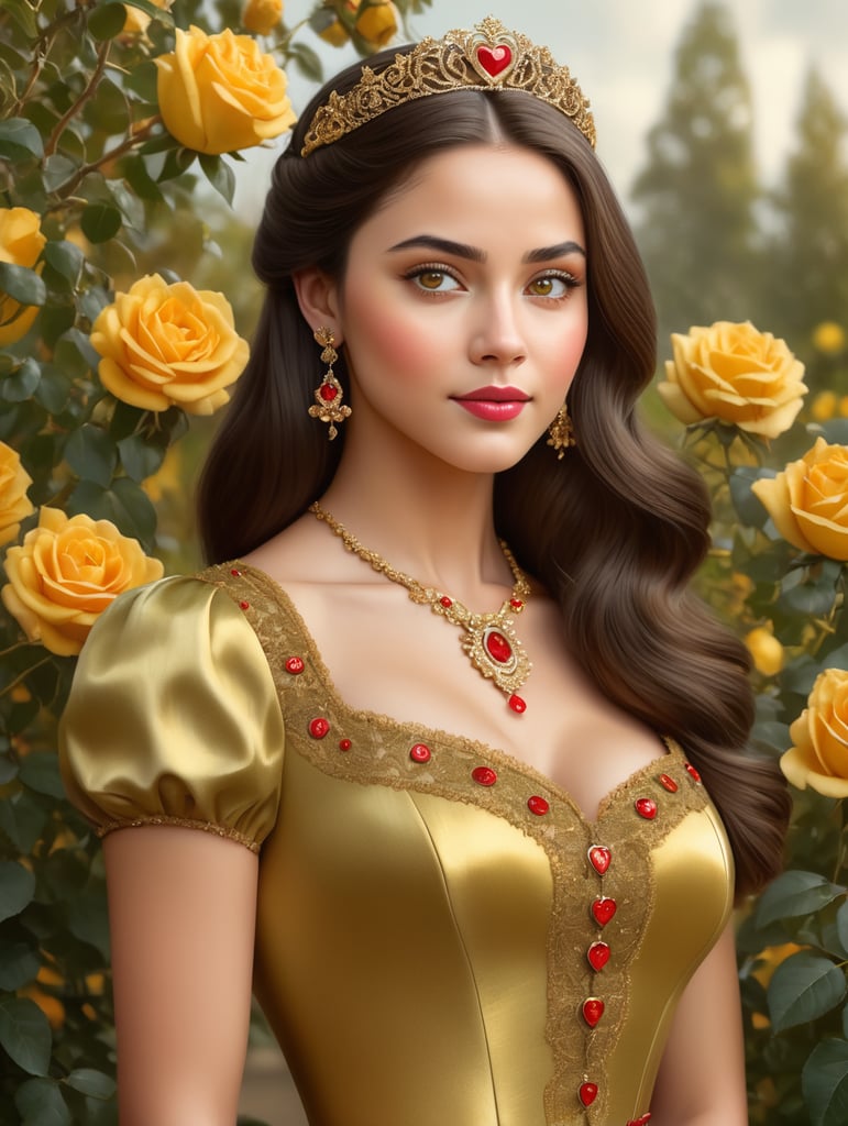 A hyper realistic portrait of a stunningly beautiful princess wearing her golden dress with heart-shaped buttons and red earrings, posing in front of yellow rose bushes. Her hair is long dark brown and straight. She has green eyes and an oval face. Typical colors. High resolution. 3 4 view pose, shown to waist.