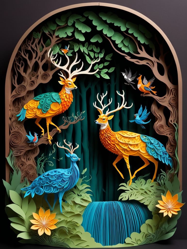 Papercut colorful nature with forest and waterfall with deer, birds of paradise, peacocks and other forest animals