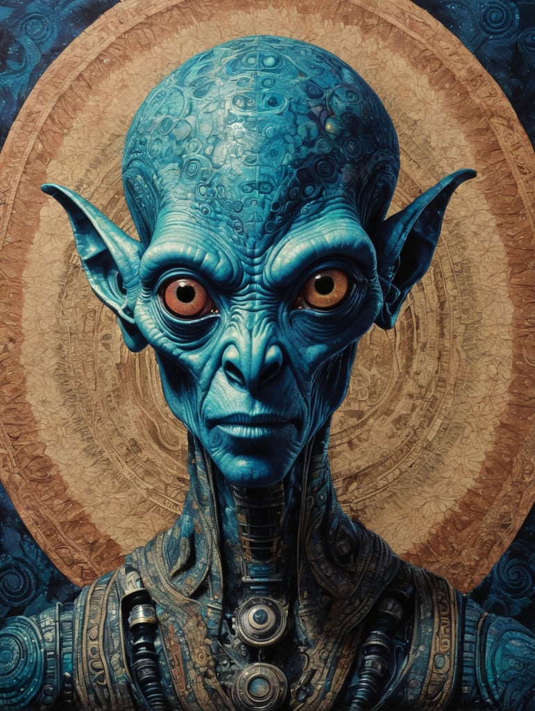 Portrait of an alien, batik, intricate details, surreal, Alien, Cyberpunk Trashcore Style, s 1000