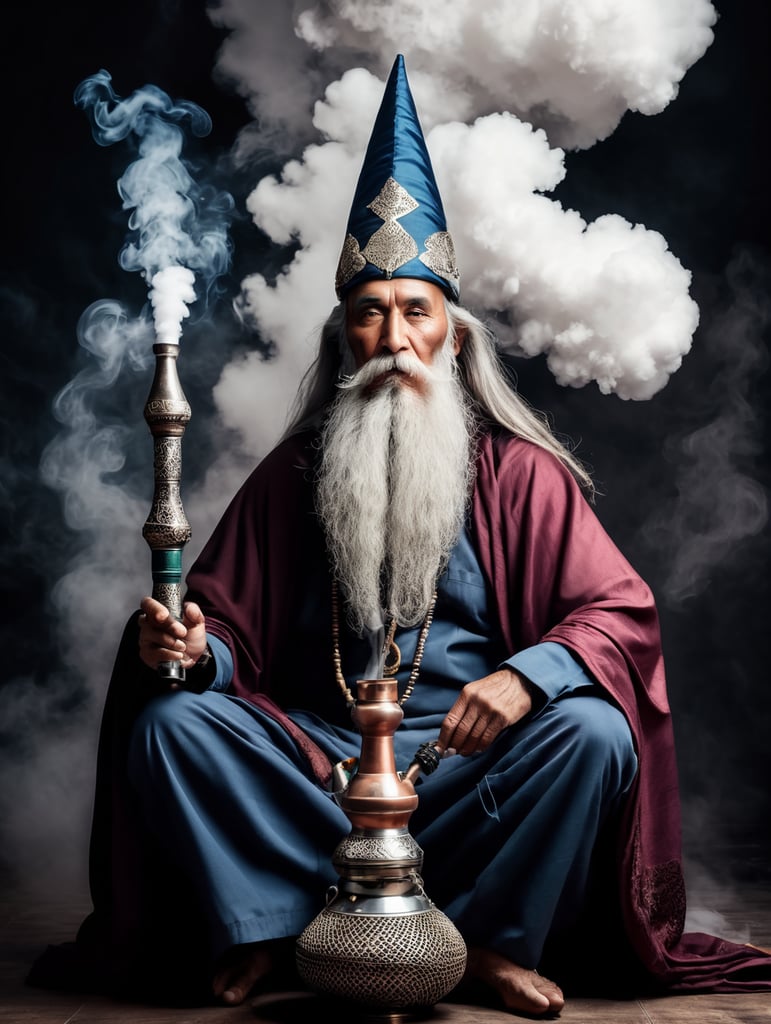 old wizard with a long beard sitting cross-legged, smoking a large hookah pipe with a huge cloud of smoke above him