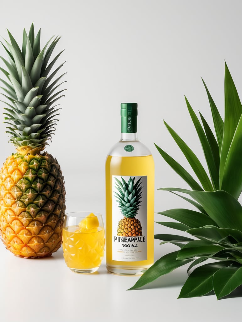 Packaging and branding for a pineapple vodka brand as if it had been designed by HI ESTUDIO with In a set design with pineapple, pineapple leaves, mockup