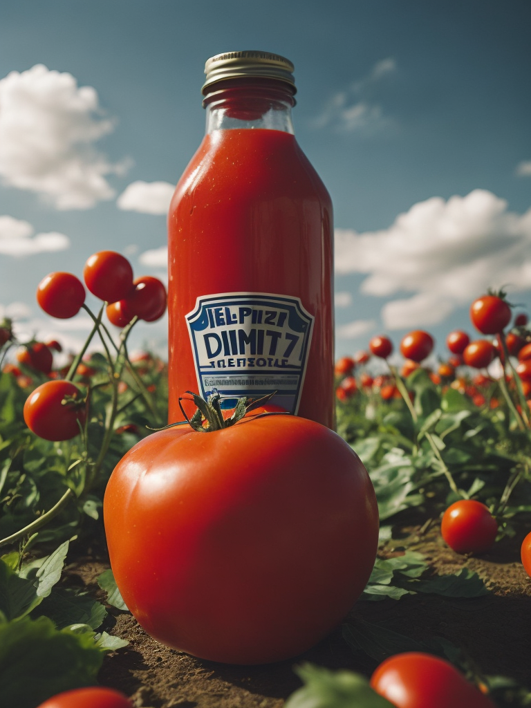 several red tomatoes stacked togethe forming a heinz ketchup bottle with some leaves around it, beautiful tomato plantation in the background and a blue sky, short grass and yellow flower + yellow flowers + creamy light + ambient lighting + very beautiful colors