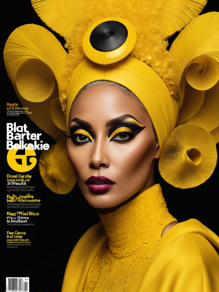 Donyale luna, avant-garde, simplygo, photoshoot spread, dressed in all yellow, black background, harpers bizarre, cover, headshot, hyper realistic